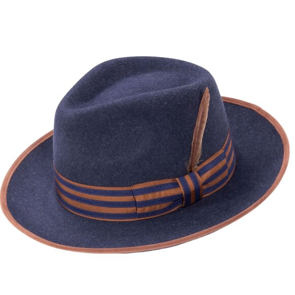 Montique NAVY Wool Felt Fedora with TAN Striped Ribbon Band 2 INCH BRIM  H 102 - Picture 1 of 1